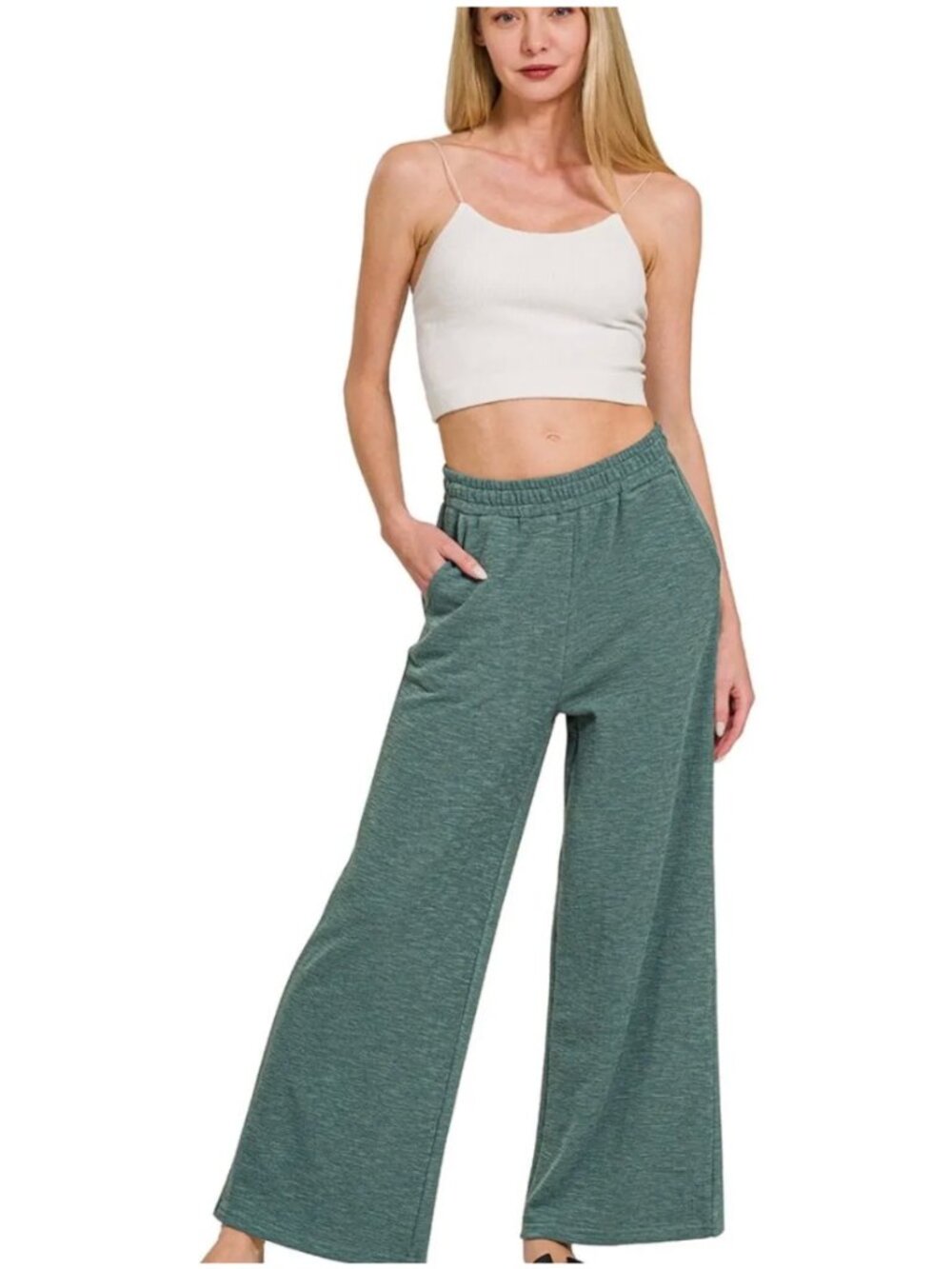 NEW Zenana Cotton Slub Wide‎ Leg Pants Jade Green Size Large